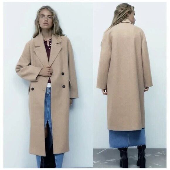 ZARA Double Breasted Soft Coat Lapel Long Sleeved Beige XL - Picture 1 of 16